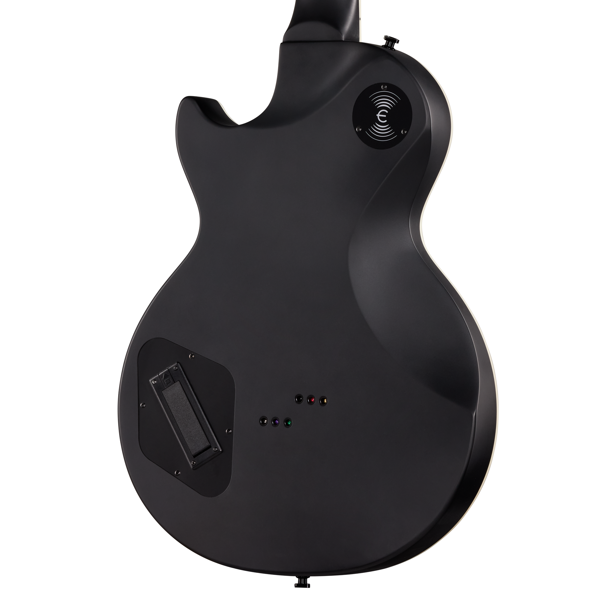 E-Gitarre, schwarzer Korpus, Solidbody, Kunststoffkorpus, integrierte Elektronik